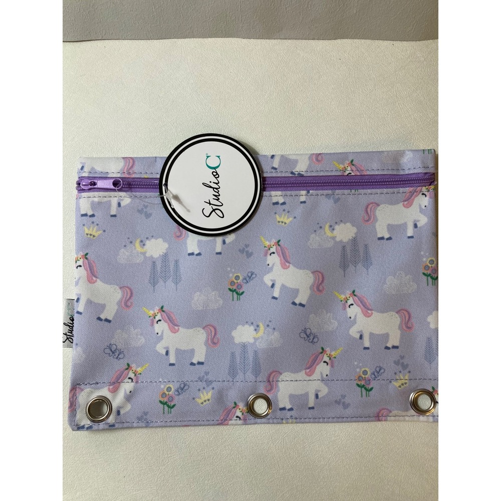 Studio C Unicorn Pencil Pouch Lavender 3 Ring Binder Zipper Case 9x7 New